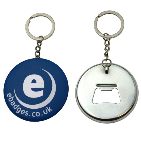 Made up 58mm bottle opener keyring showing front and back view