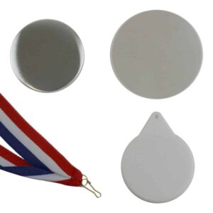 Component parts to make up a 58mm medal with a badge maker including metal fronts, keyring back, clear plastic film and red white and blue ribbon with attachment