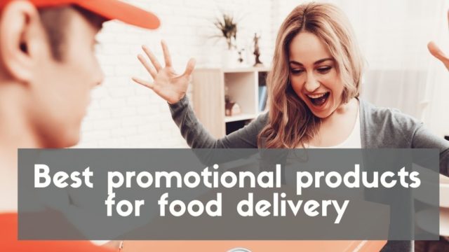 Lady showing excitement about her food delivery with a promotional badge product included